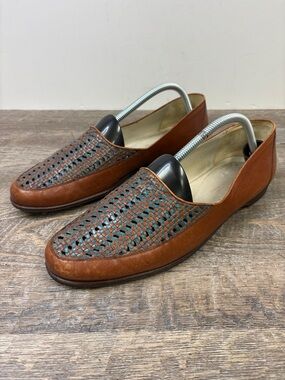 Bally Italy Woven Leather Loafers Brown & Teal Slip-On Shoes Size 10